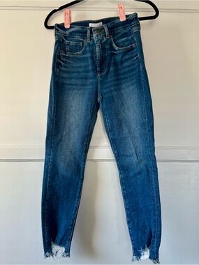 LOFT Medium-Dark Blue High-Rise Skinny Jeans with Frayed Hem